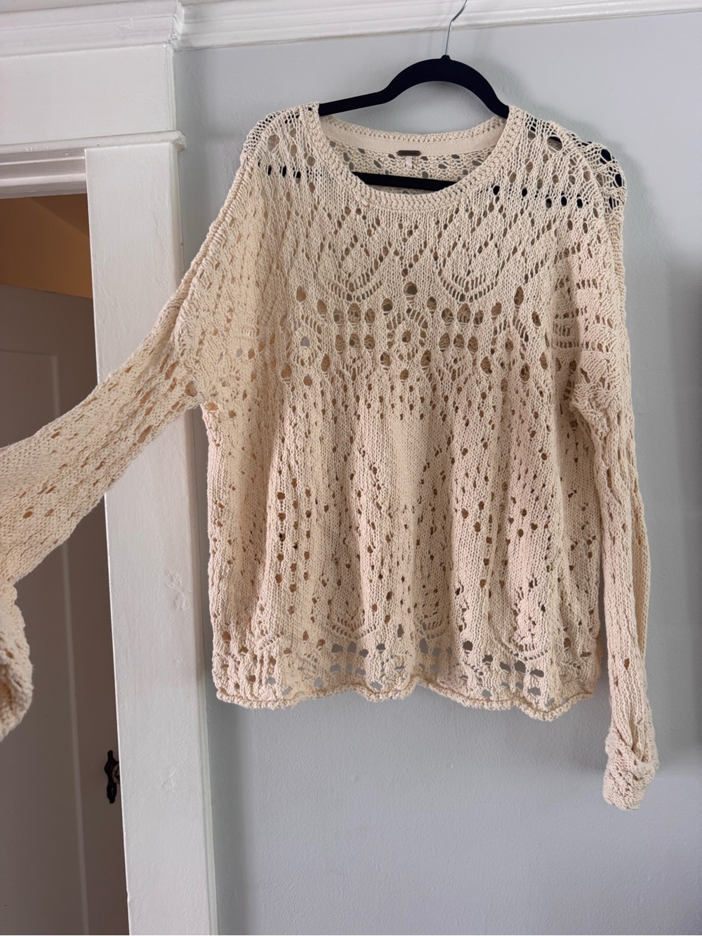 Free People Cream Open-Stitch Scoop Neck Sweater